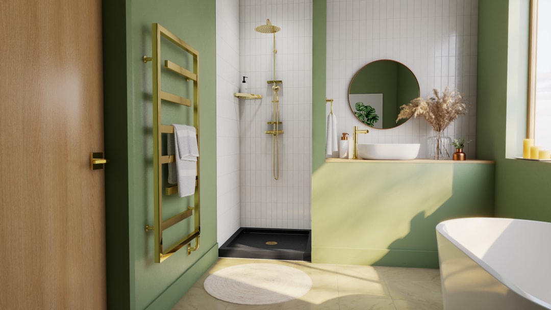 DreamLine SlimLine 36 inch D x 36 inch W x 2 3/4 inch H Single Threshold Black Alcove Shower Base with 2 inch Polished Brass Center Round Drain