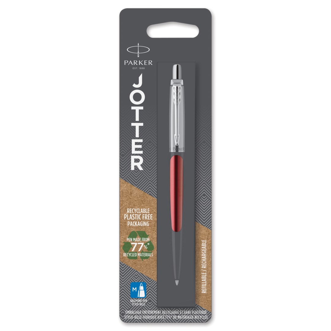 Parker Jotter Bolígrafo | Kensington Red con detalle cromado | Punta mediana Tinta azul