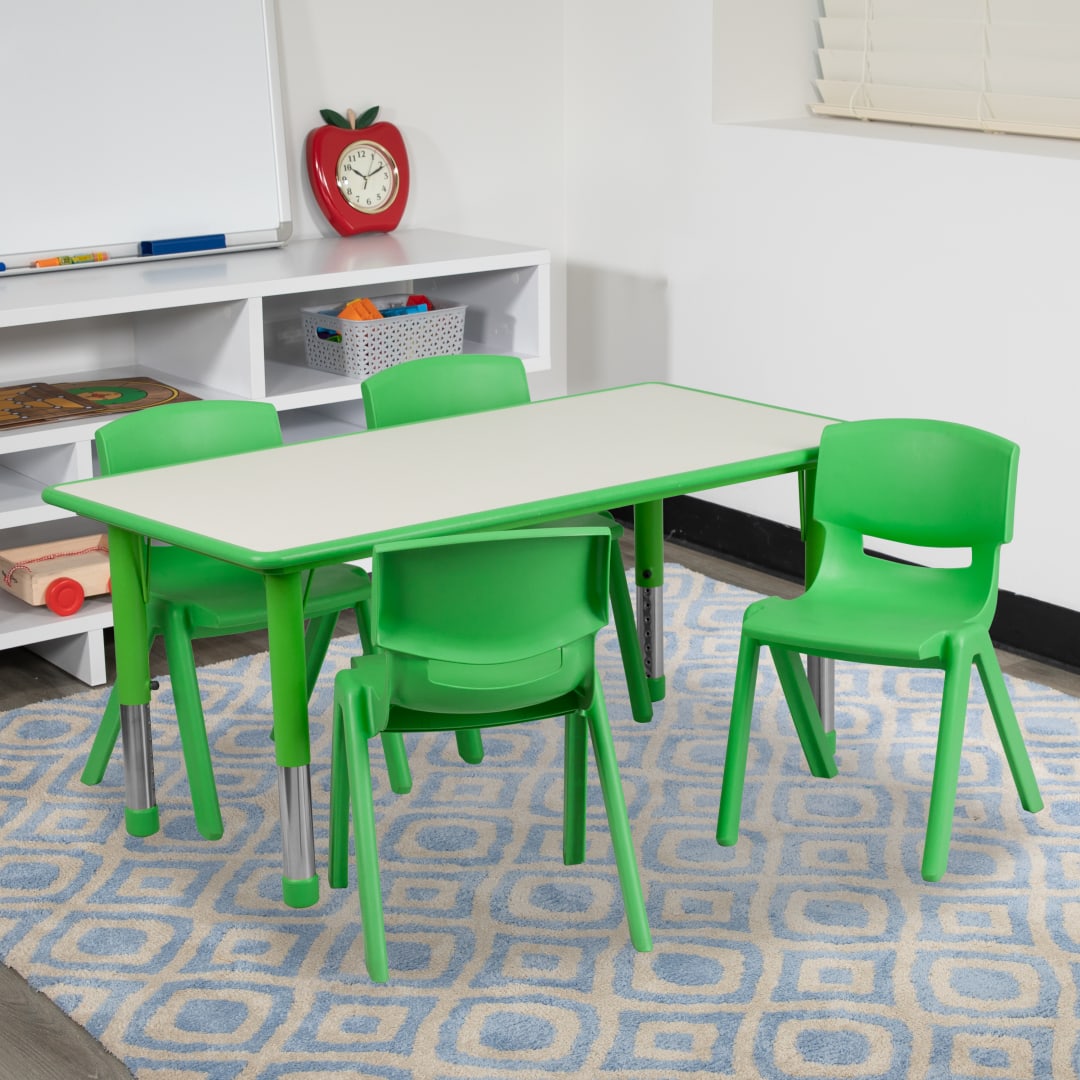 Emmy Adjustable Kids Activity Table Set – 23.6" x 47.25" Green/Gray Plastic Table with 4 Green Chairs – Classroom &amp; Daycare Table for Toddlers &amp; Kids