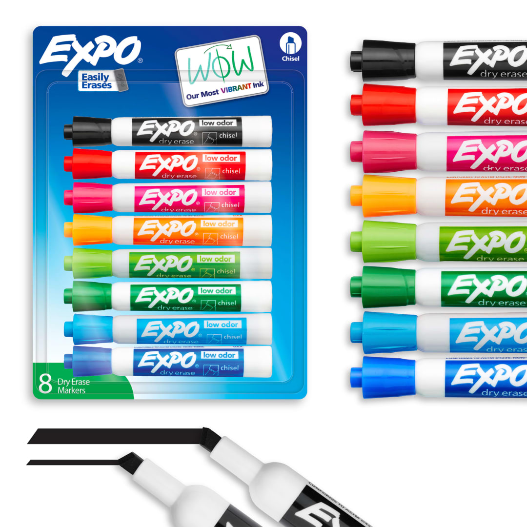 EXPO Dry Erase Markers, Low Odor Ink, Assorted Colors, Chisel Tip, 8 Count