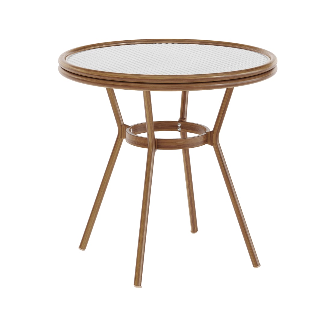 Lourdes Indoor/Outdoor Commercial Bistro 31.5" Table, White and Gray PE Rattan, Glass Top, Bamboo Print Aluminum Frame in Natural