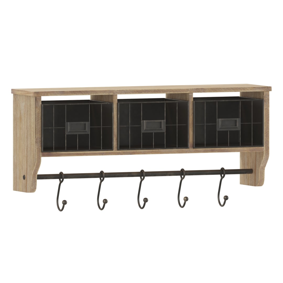 Daly Wall Mounted 24 Inch Solid Pine Wood Storage Rack with Upper Shelf, 5 Hooks, Wire Baskets For Entryway, Kitchen, Bathroom in Rustic Brown