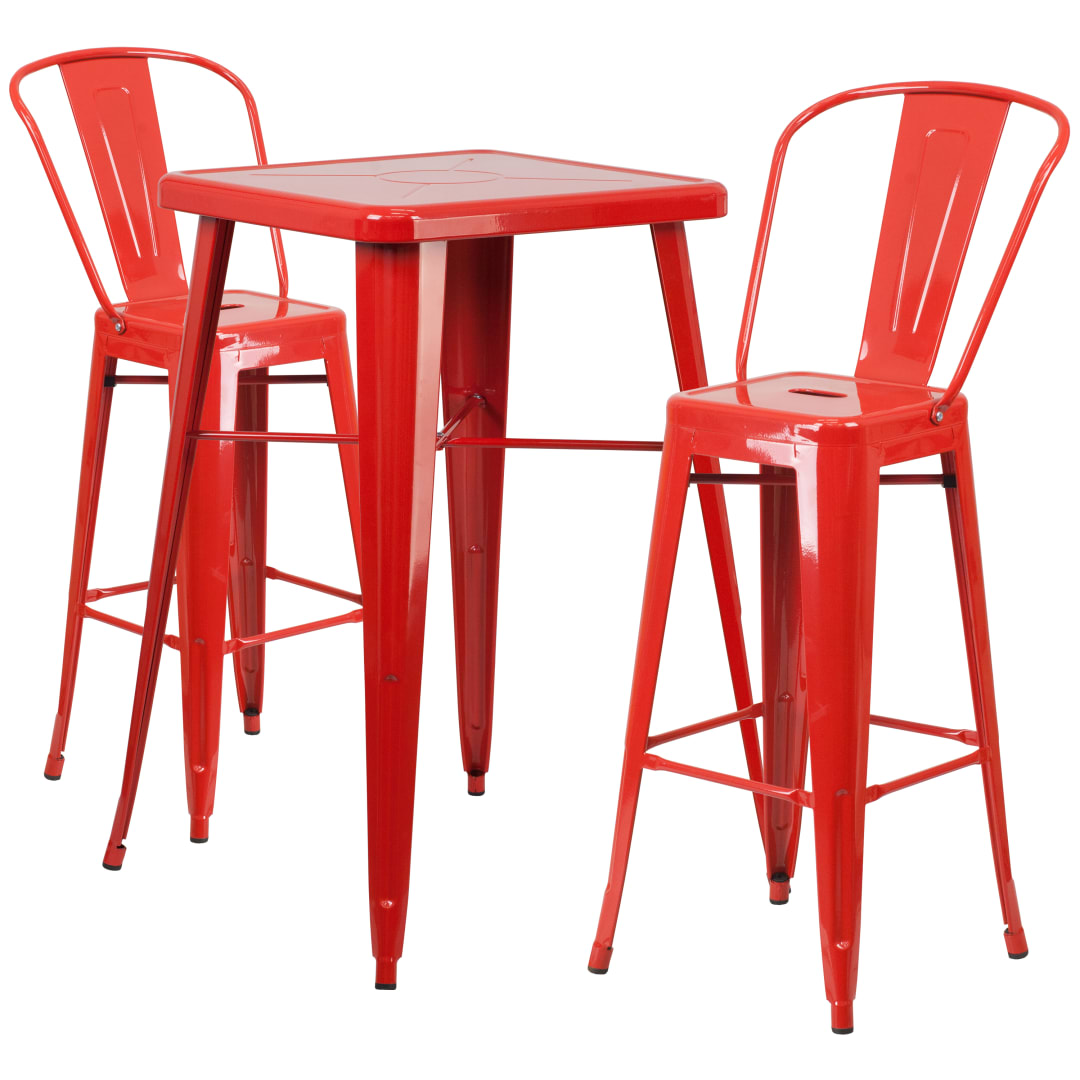 Gable Commercial Grade 23.75" Square Red Metal Indoor-Outdoor Bar Table Set with 2 Stools with Backs