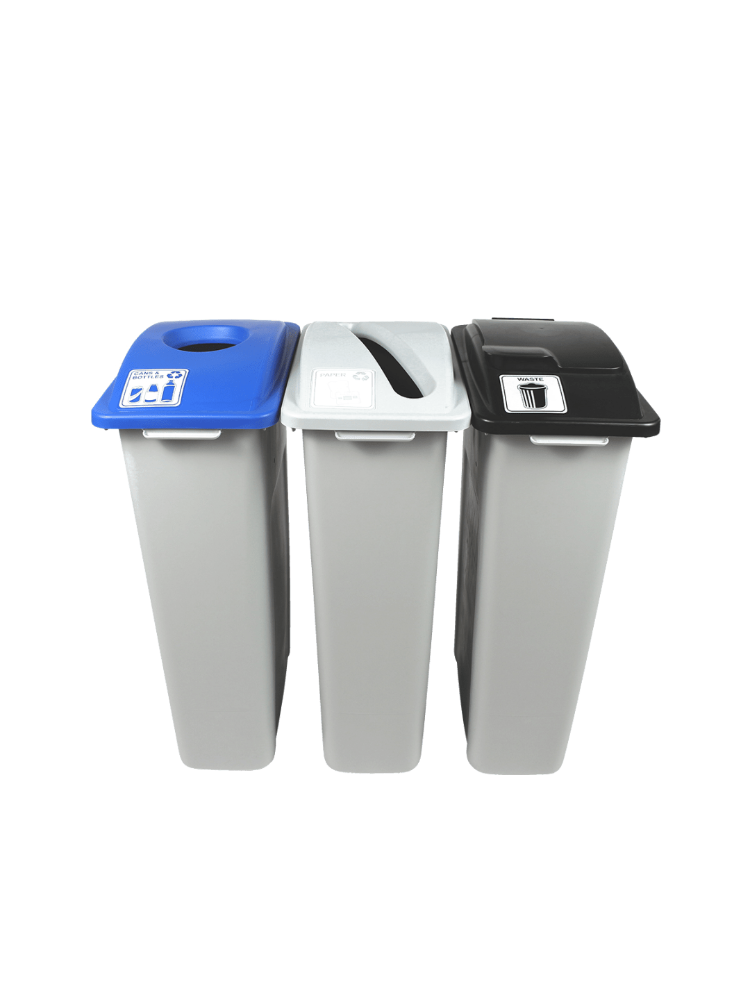 WASTE WATCHER - Triple - Kit - Cans & Bottles-Paper-Waste - Circle-Slot-Solid Lift - Grey-Blue-Grey-Black