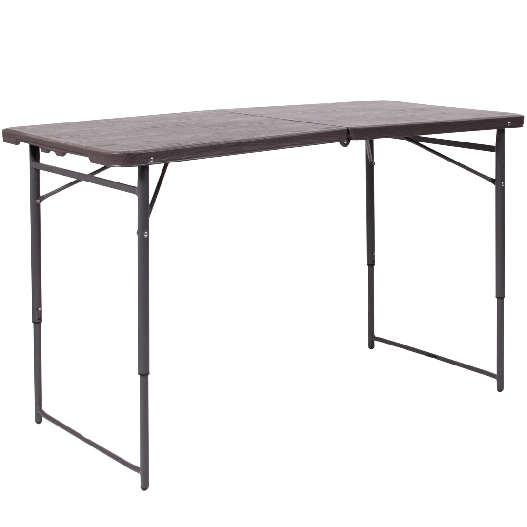 Mills 4-Foot Height Adjustable Bi-Fold Brown Wood Grain Plastic Folding Table with Carrying Handle