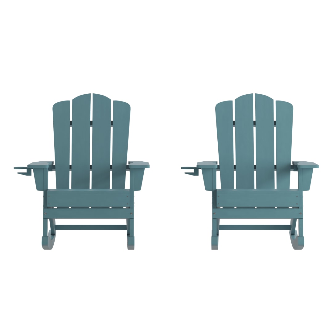 Newport Adirondack Rocking Chair with Cup Holder, Weather Resistant HDPE Adirondack Rocking Chair in Blue, Set of 2
