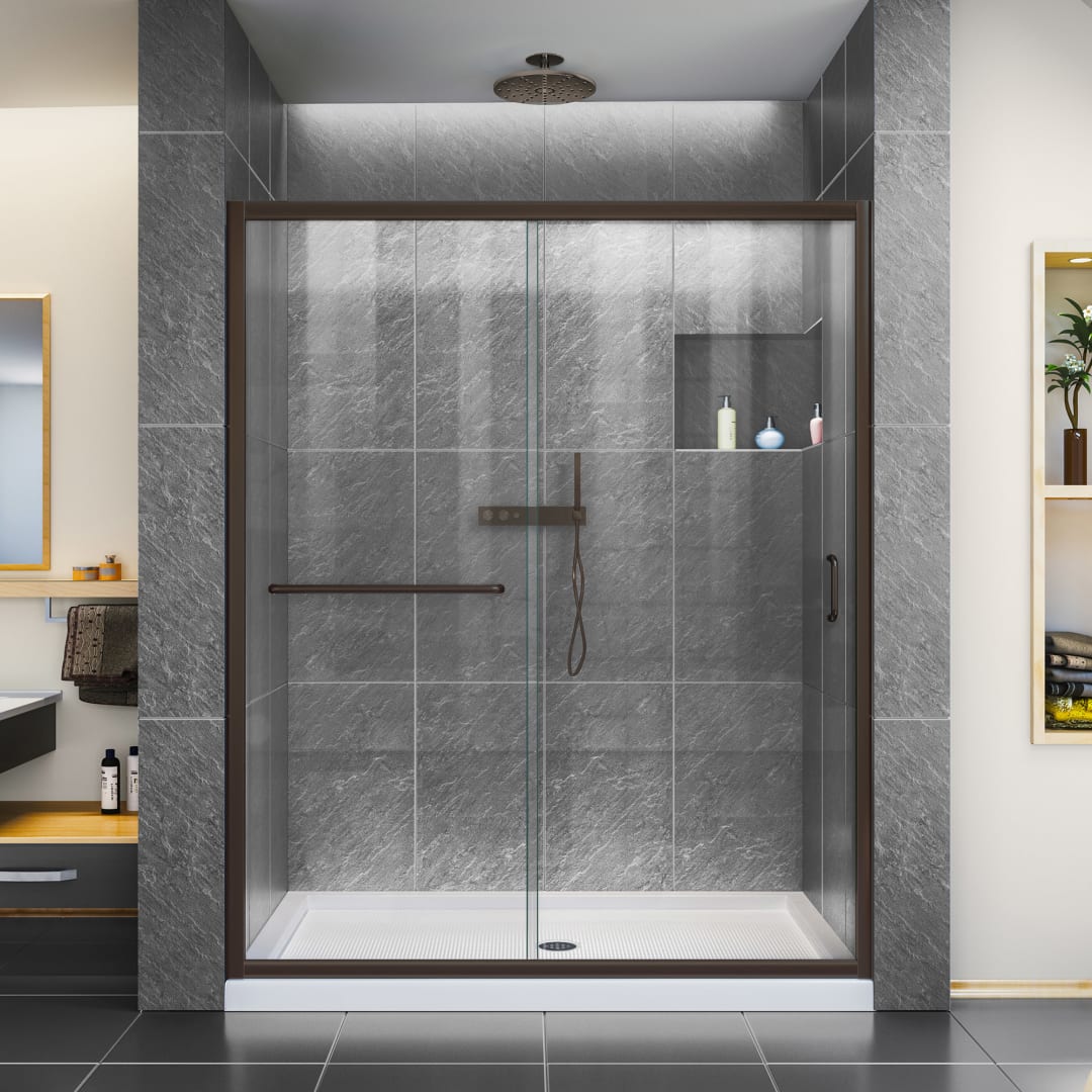 DreamLine Infinity-Z 32 inch D x 60 inch W x 74 3/4 inch H Semi-Frameless Sliding Clear Shower Door in Oil Rubbed Bronze with Center Drain White Shower Base Kit