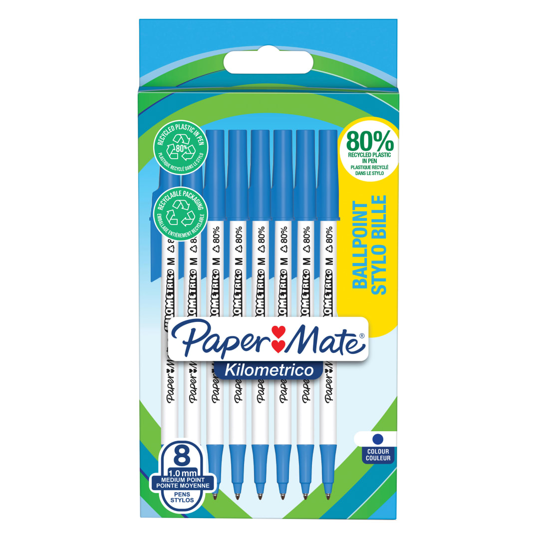 Paper Mate Kilométrico Bolígrafos | Escritura Larga con punta media (1,0mm) | Tinta azul | 80% plástico reciclado | 8 unidades