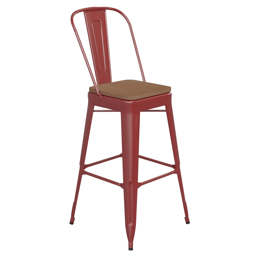 Kai Commercial Grade 30" High Red Metal Indoor-Outdoor Bar Height Stool with Removable Back and Teak All-Weather Poly Resin Seat