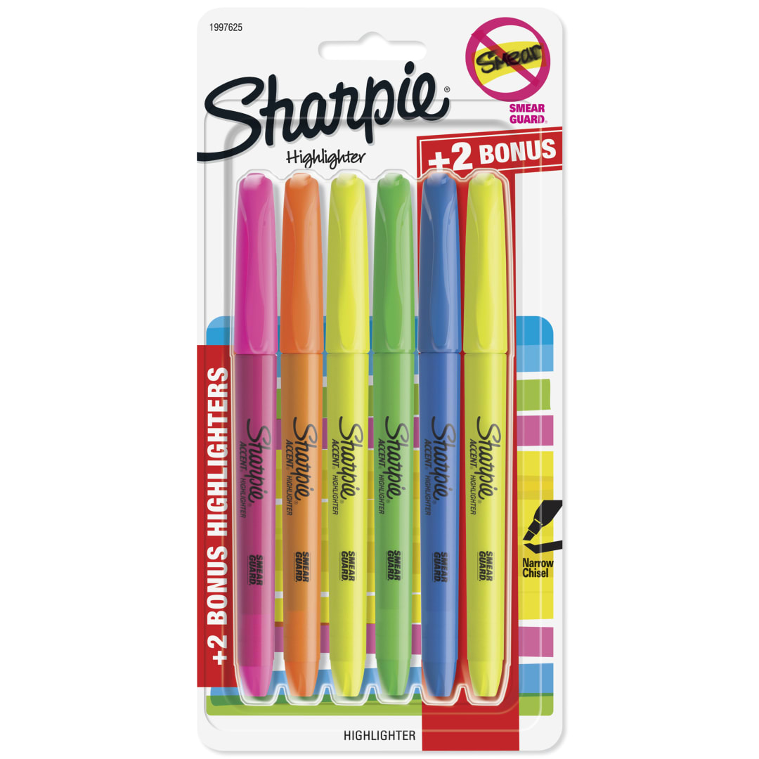 Sharpie® Pocket Style Highlighters, Chisel Tip, Assorted Colors, Includes 2 Bonus Highlighters, 6 Count