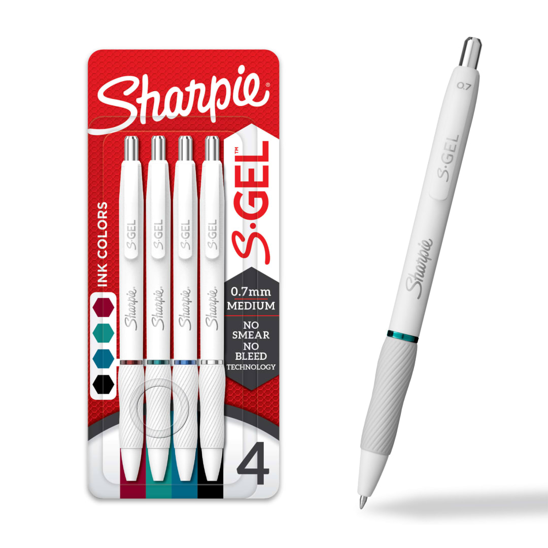 Sharpie S-Gel Pens, Fashion Barrel Gel Pens, Pearl White Body, Medium (0.7mm) Point, Updated Classic Color Assortment, 4 Count