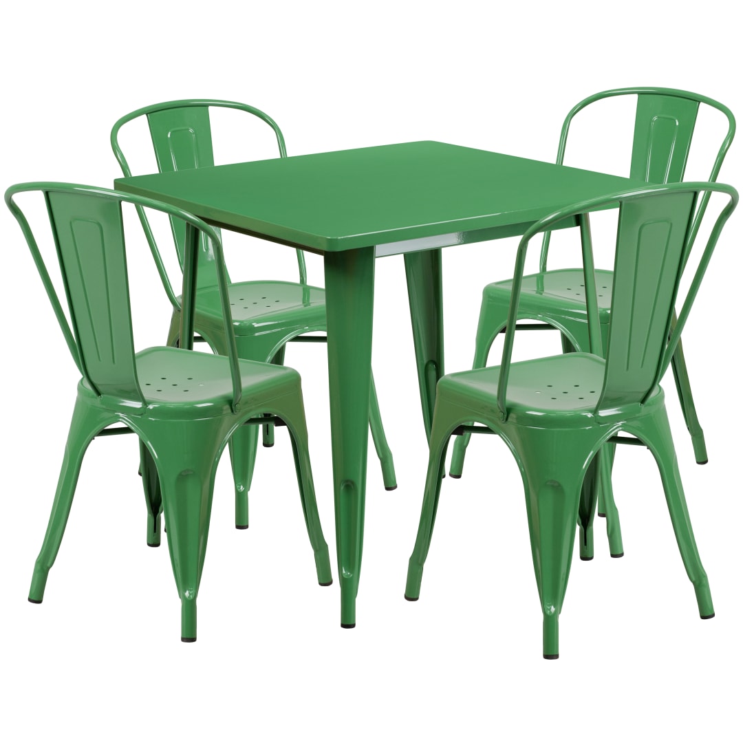 Foster Commercial Grade 31.5" Square Green Metal Indoor-Outdoor Table Set with 4 Stack Chairs