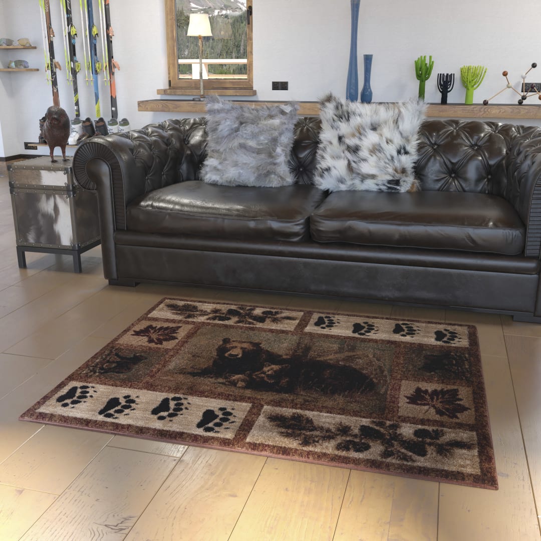 Vassa Collection 4' x 5' Mother Bear &amp; Cubs Nature Themed Olefin Area Rug with Jute Backing for Entryway, Living Room, Bedroom