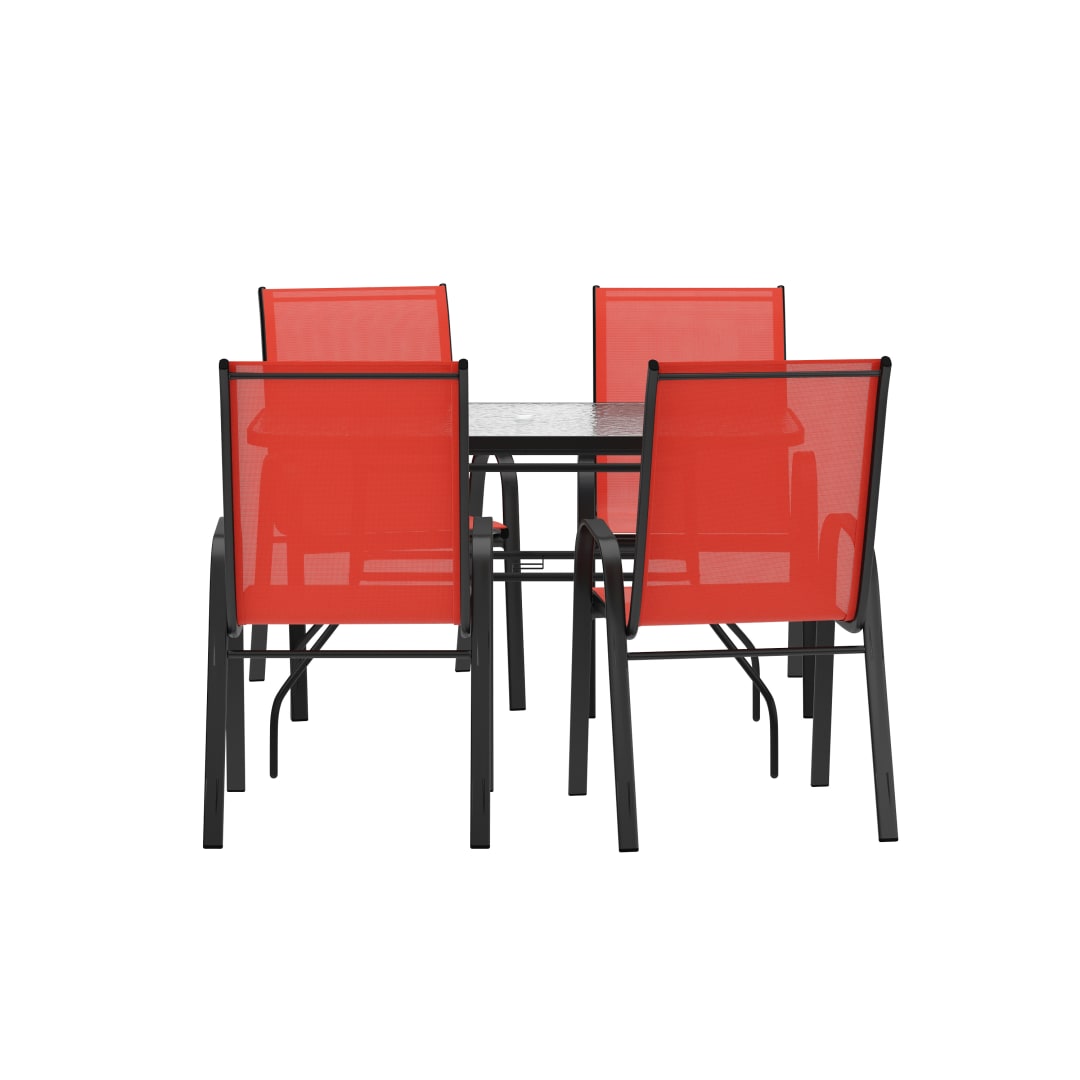 Brazos 5 Piece Commercial Grade Patio Dining Set with Tempered Glass Patio Table with 4 Chairs with Red Flex Comfort Material Seats and Backs
