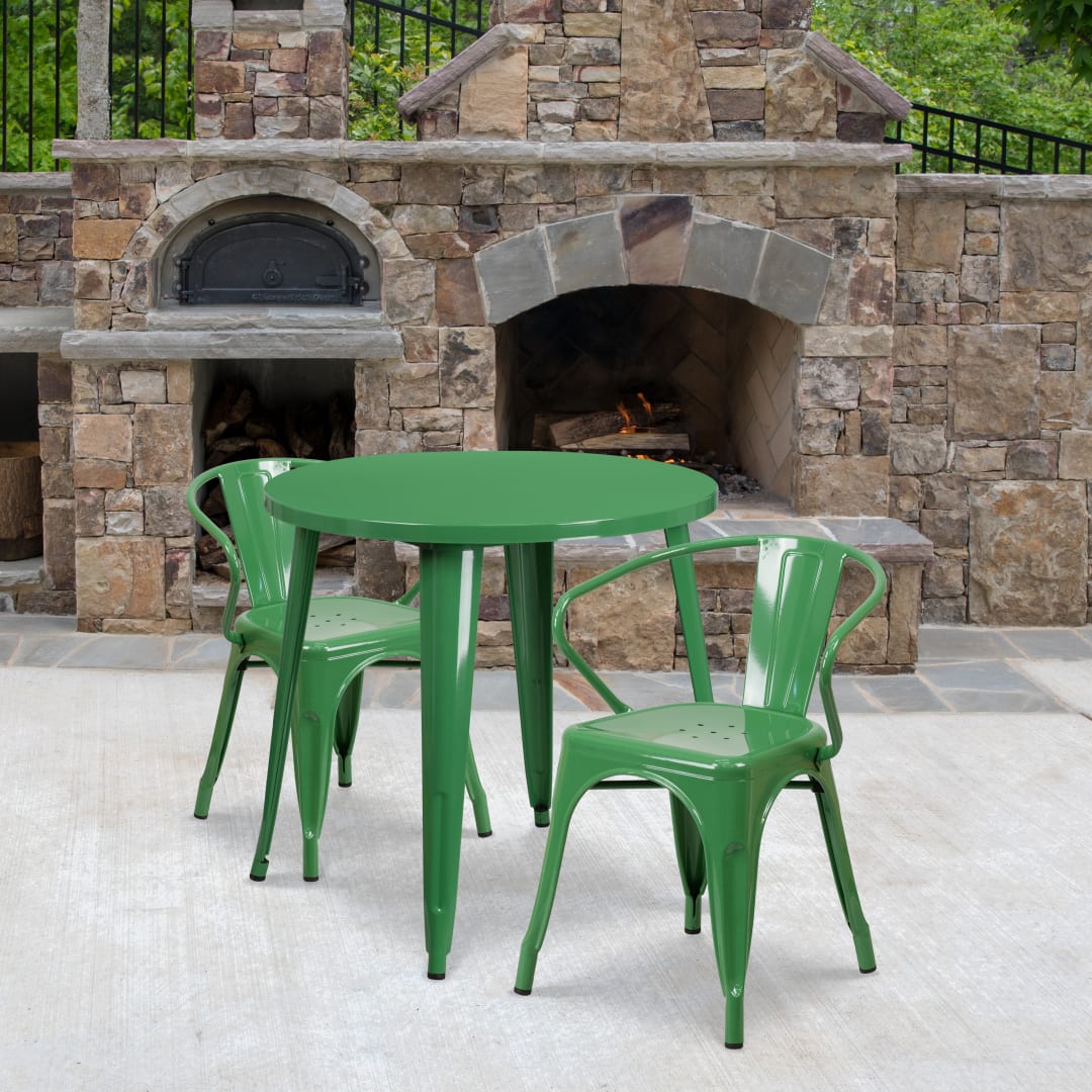 Conrad Commercial Grade 30" Round Green Metal Indoor-Outdoor Table Set with 2 Arm Chairs
