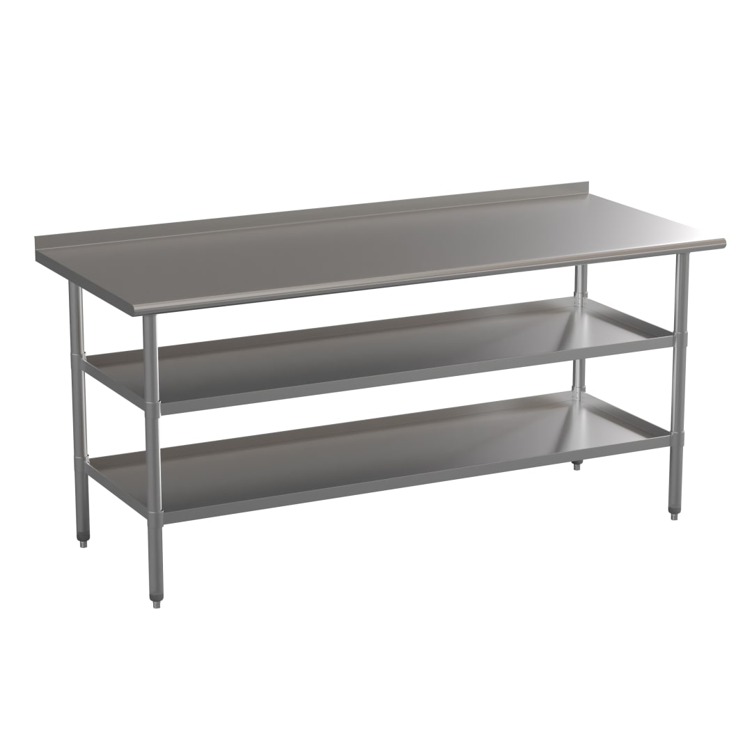 Ravenel Stainless Steel 18 Gauge Work Table with 1.5" Backsplash and 2 Undershelves - 72"W x 30"D x 34.5"H, NSF