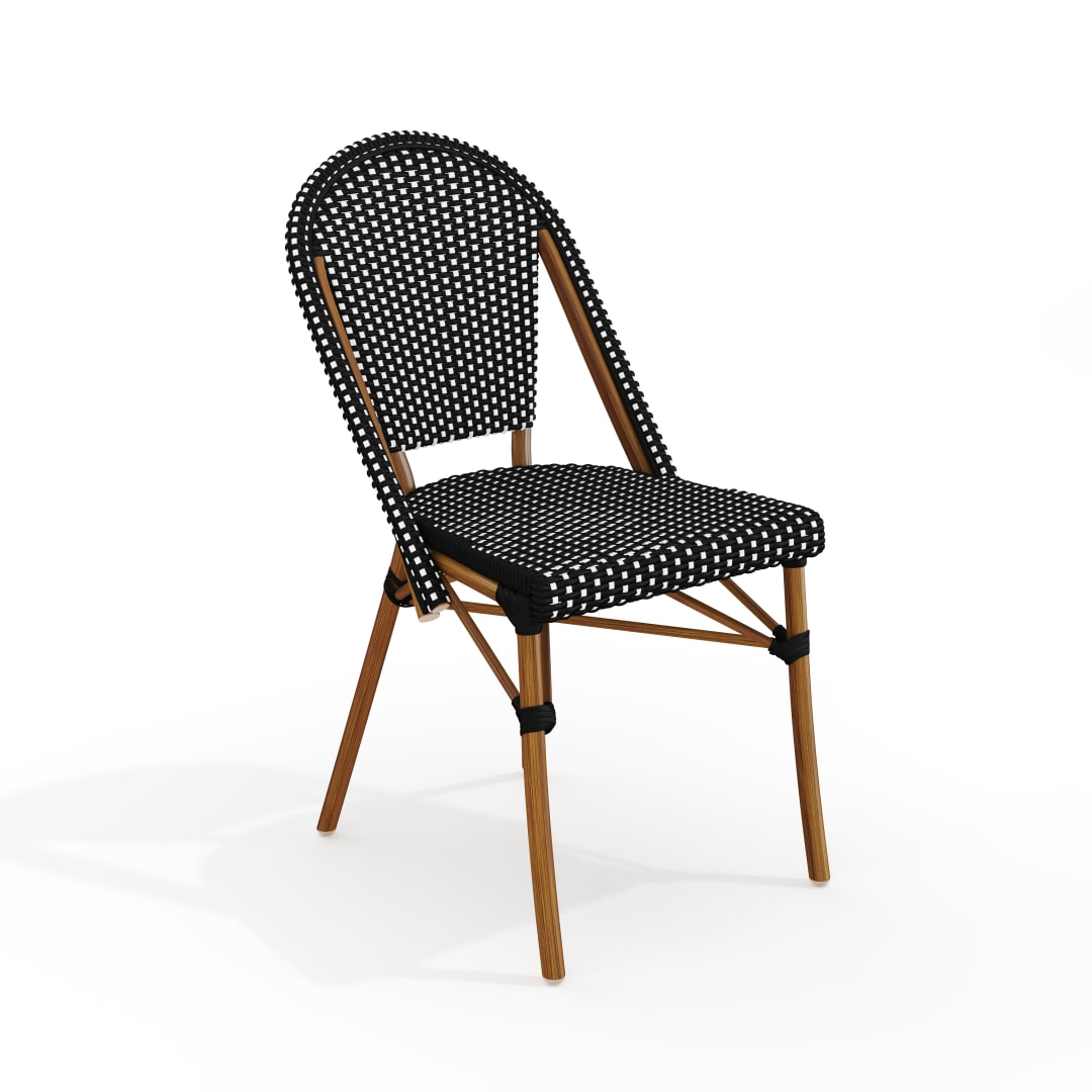 Lily Pond Indoor-Outdoor Stackable Bistro Chair with Natural Woodgrain Aluminum Finish Frame and Black/White Woven Rattan Back and Seat