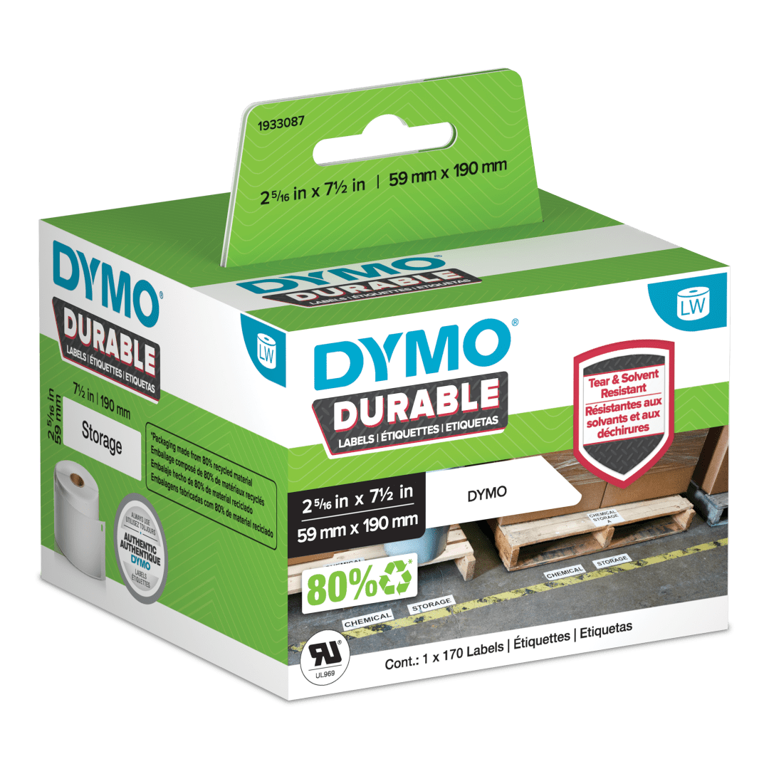 DYMO® LW Durable Industrial Labels for LabelWriter™ Label Printers, White Poly, 2-5/16” x 7-1/2”, 1 Roll of 170