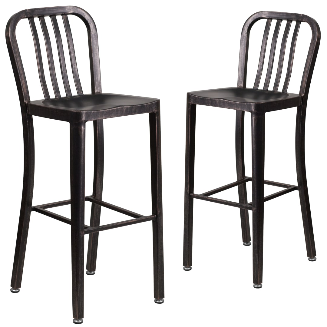 Gael Commercial Grade 2 Pack 30" High Black-Antique Gold Metal Indoor-Outdoor Barstool with Vertical Slat Back