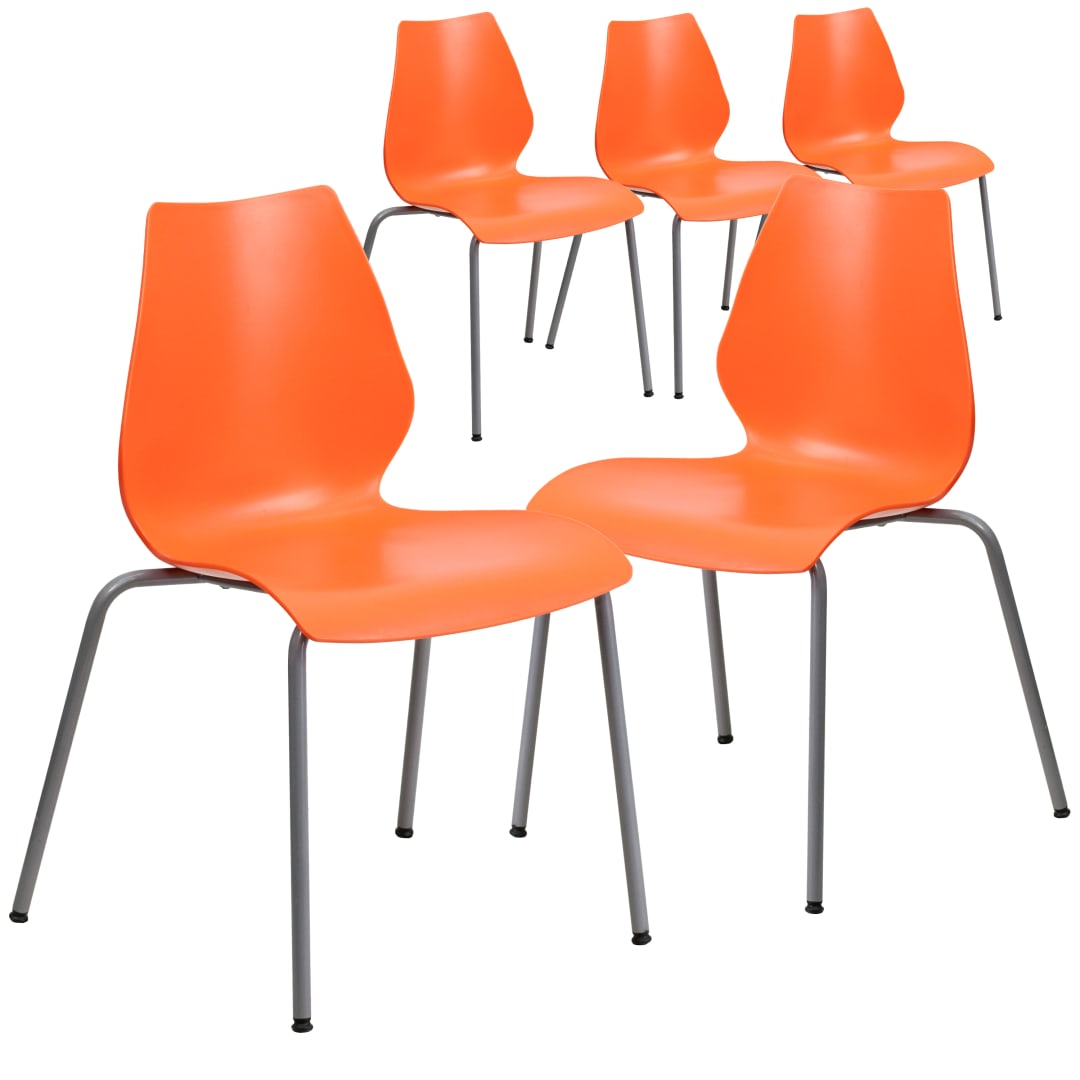 5 Pack HERCULES Series 770 lb. Capacity Orange Stack Chair with Lumbar Support and Silver Frame