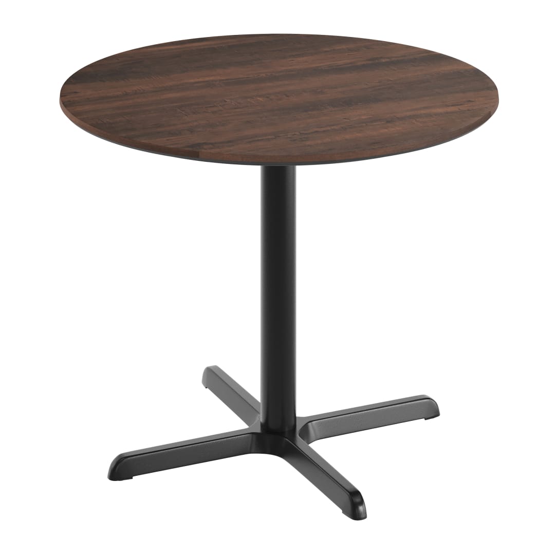 TopGuard 36" Round Tabletop, Seamless Surface Technology, Dark Brown with 30" x 30" Black Table Height X-Base, Moisture, Scratch, Heat, UV Resistant