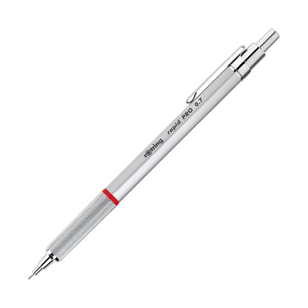 rOtring Rapid Pro Bolígrafo retráctil para dibujo técnico | Punta mediana | Tinta azul | Cuerpo metálico plateado