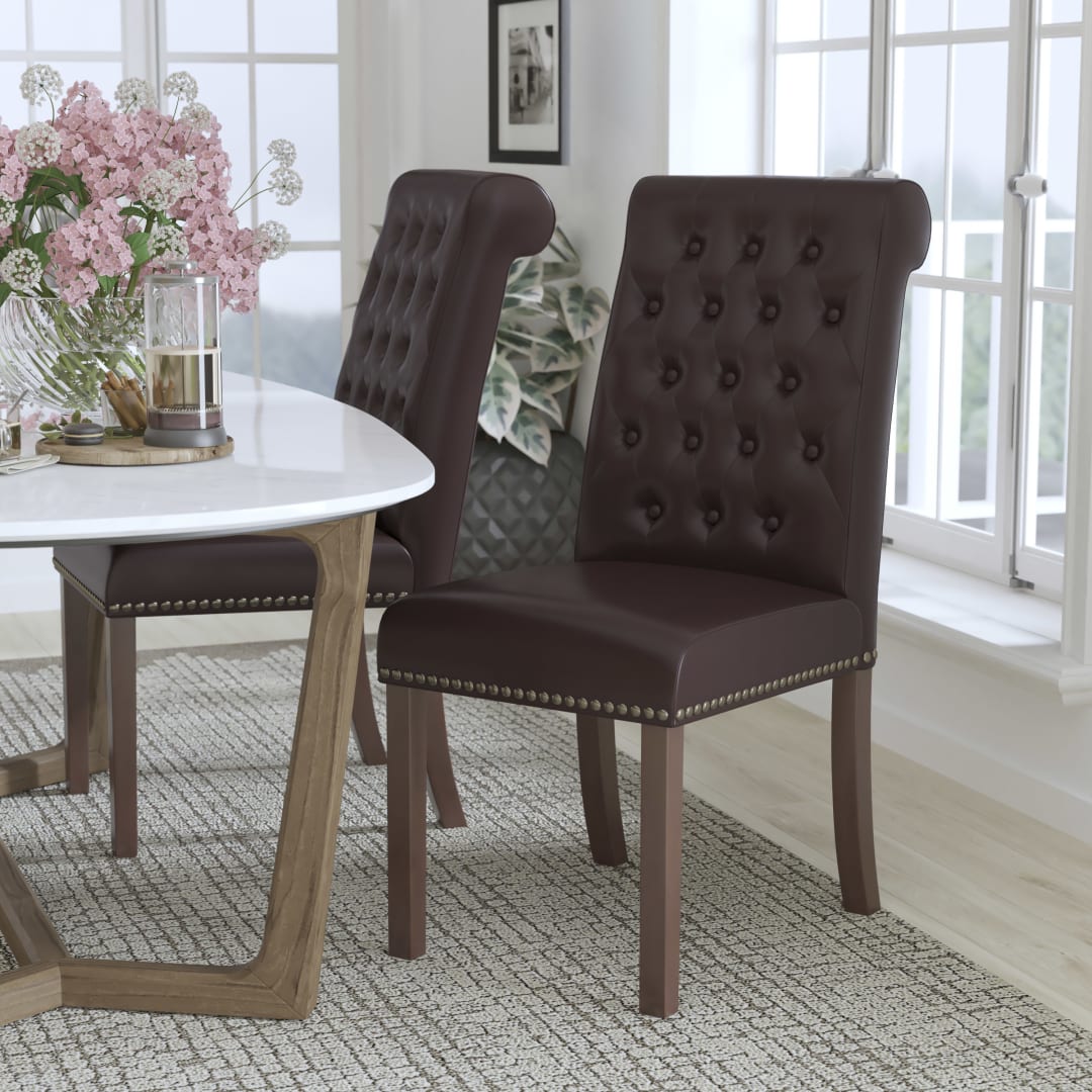 HERCULES Series Brown LeatherSoft Parsons Chair with Rolled Back, Accent Nail Trim and Walnut Finish