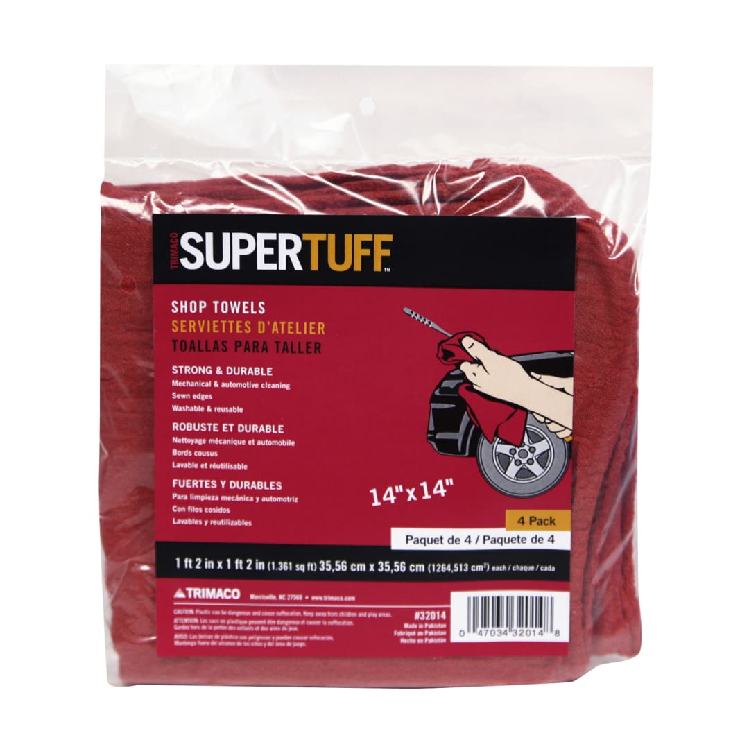 SuperTuff® Shop Towels, Red, 14"x14", 4pk bag