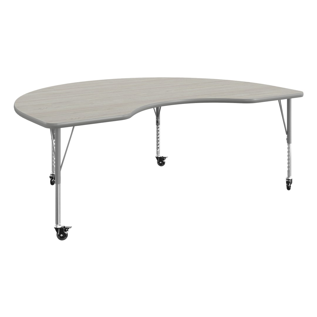 Wren 72" x 48" Kidney Adjustable Height Activity Table, Thermal Laminate Top, Short Legs with Locking Casters, Light Gray