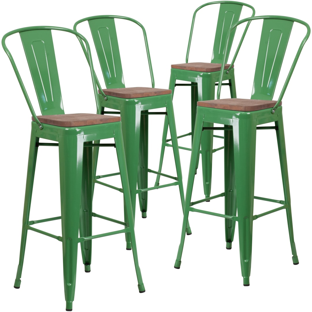 Lily 4 Pk. 30" High Green Metal Barstool with Back and Wood Seat