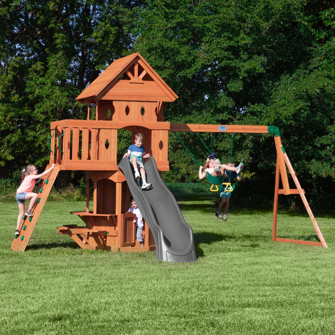 Woodland Swing Set With Gray Wave Slide