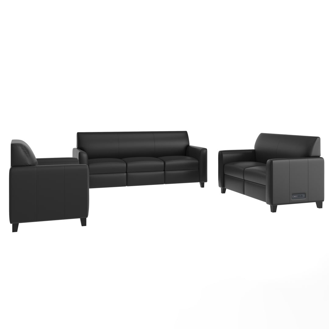 Agent 3 Piece Reception Set with Charging Banks and Solid Wood Legs in Black LeatherSoft