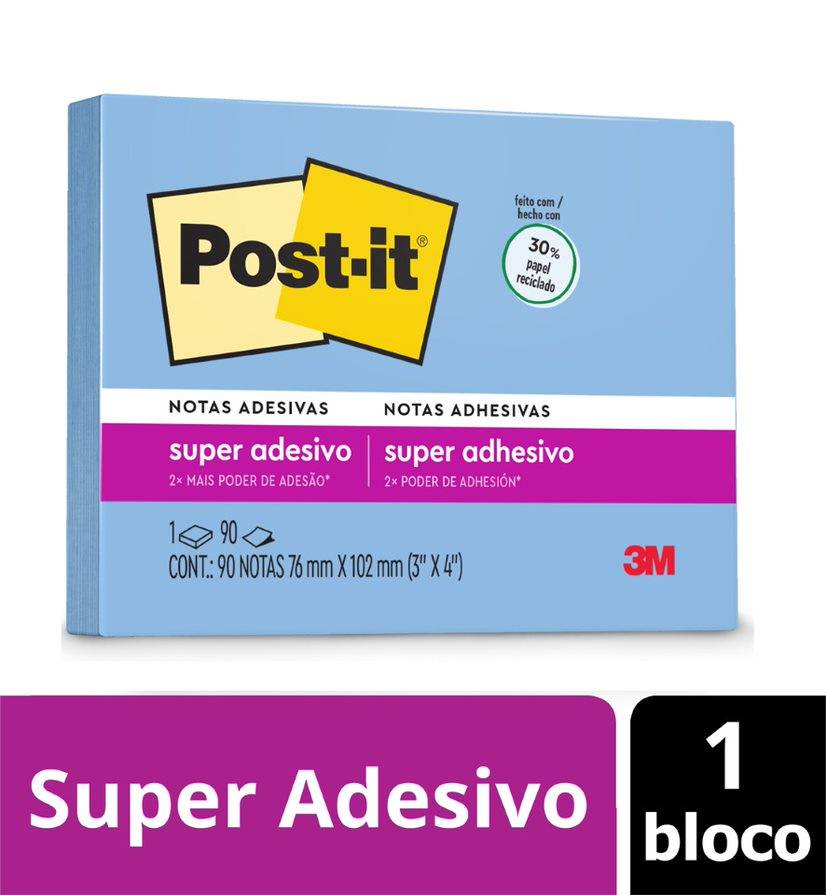 Bloco de Notas Super Adesivas Post-it®, Azul Cristal, 76 mm x 102 mm, 90 Folhas