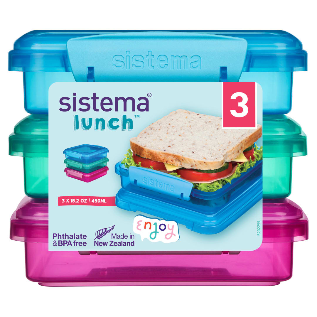 Sistema Lunch Sandwich Boxes | 450ml. Food Storage Containers | BPA-Free | Assorted Colours | 3 Count