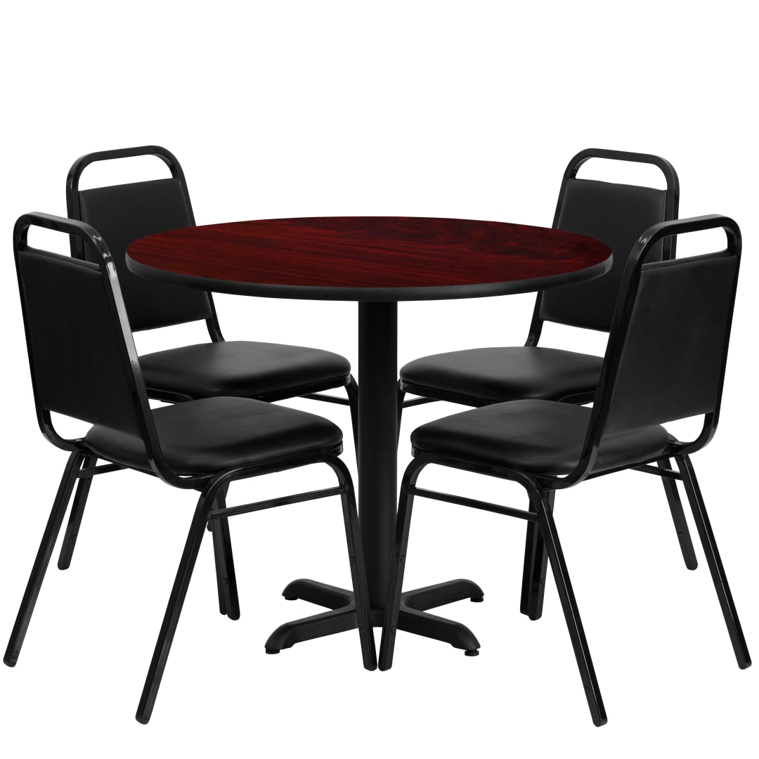 Carlton 36'' Round Mahogany Laminate Table Set with X-Base and 4 Black Trapezoidal Back Banquet Chairs