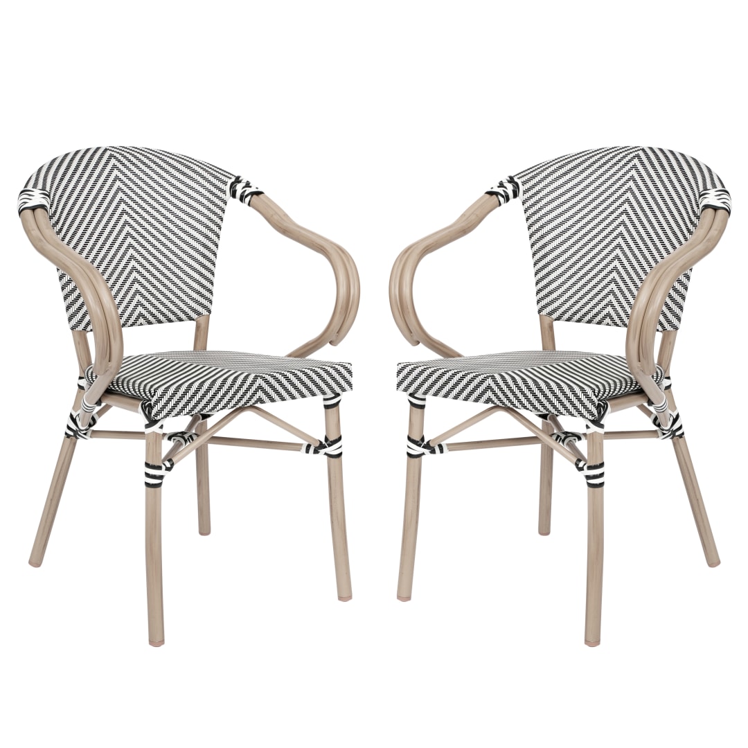 2 Pack Marseille Indoor/Outdoor Commercial Bistro Stacking Chair with Arms, Black/White Textilene and Bamboo Aluminum Frame in LT Natural