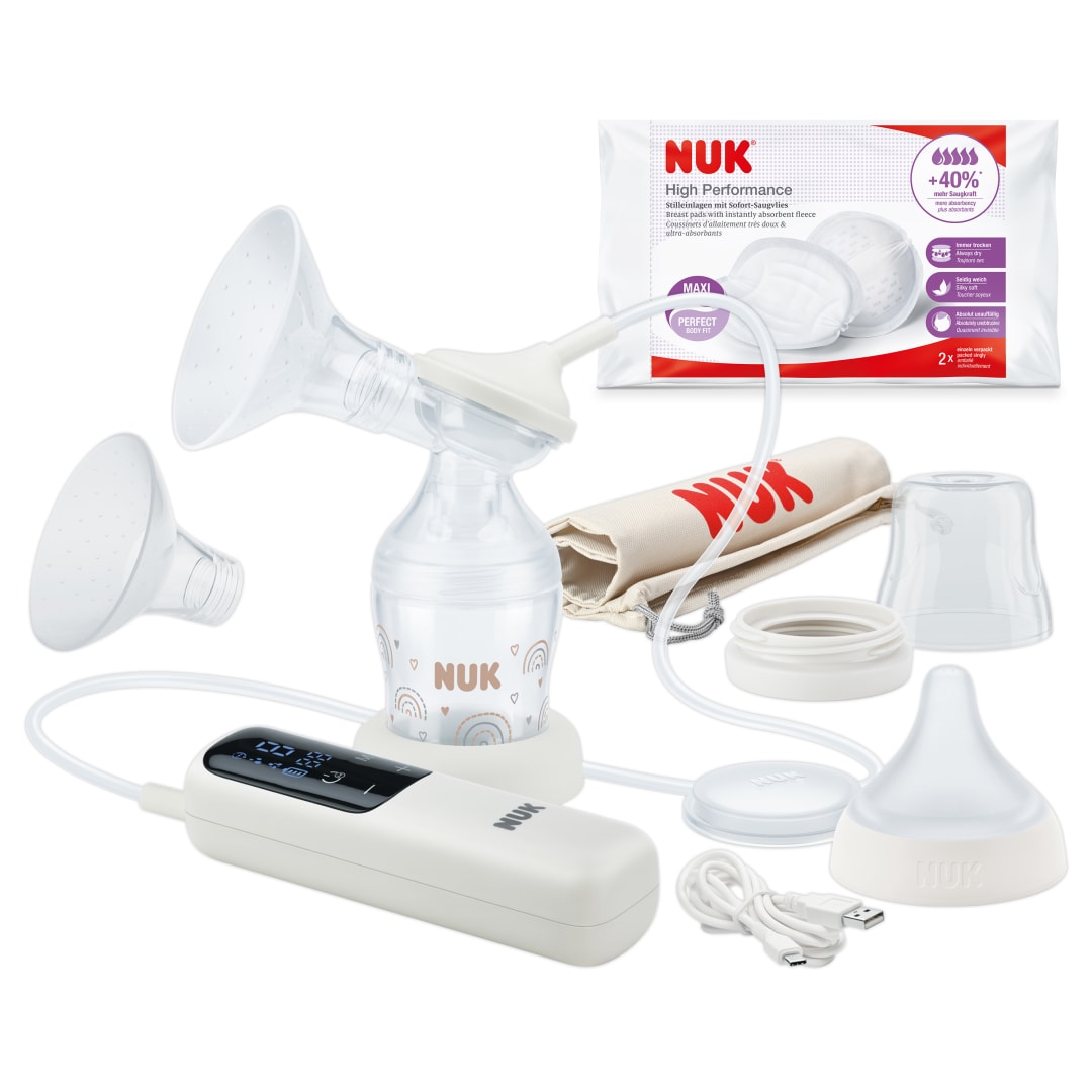 Sacaleches eléctrico Soft & Easy de NUK | Copas suaves 100 % de silicona | Pequeño, ligero y silencioso | Batería recargable para viajar | Copas de 24 y 27 mm | 1 biberón Perfect Match