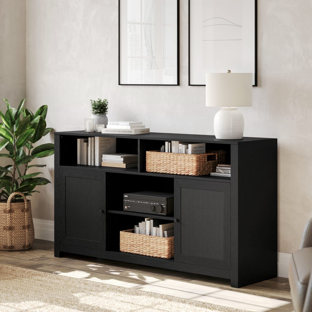 Malaki Mid-Century Modern 58 Inch Buffet Sideboard with 2 Soft Close Doors and Adjustable Center Shelf, TV Stand for up to 65" TV's, Black/Rattan