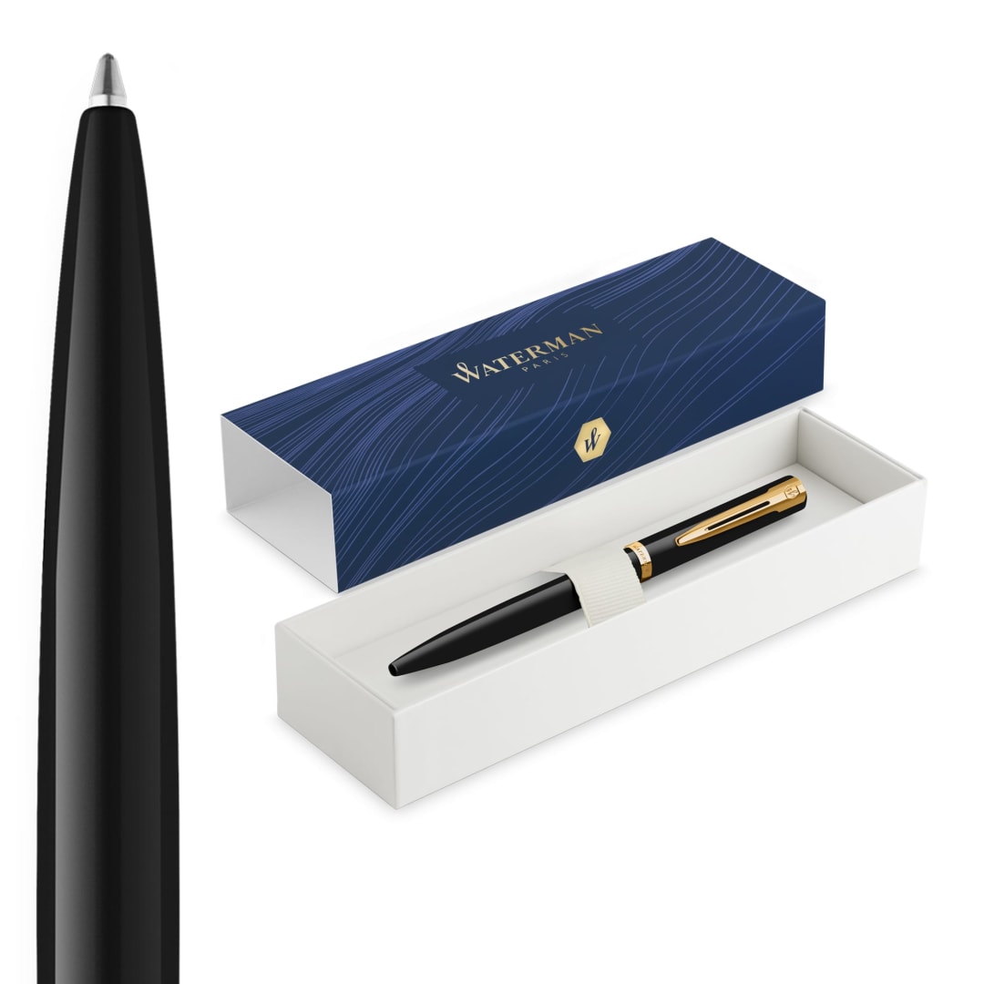 Waterman Impression Ballpoint Pen | Medium Tip with Blue Ink Refill | Black Lacquer with Gold-Coated Trim | Gift Box