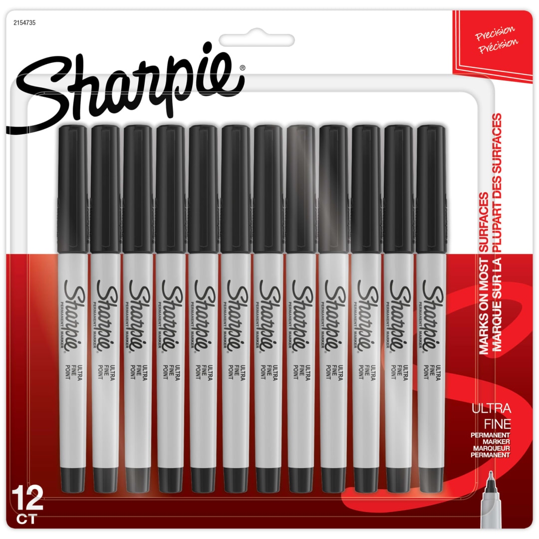 Sharpie® Permanent Markers, Ultra Fine Point, Black, 12 Count