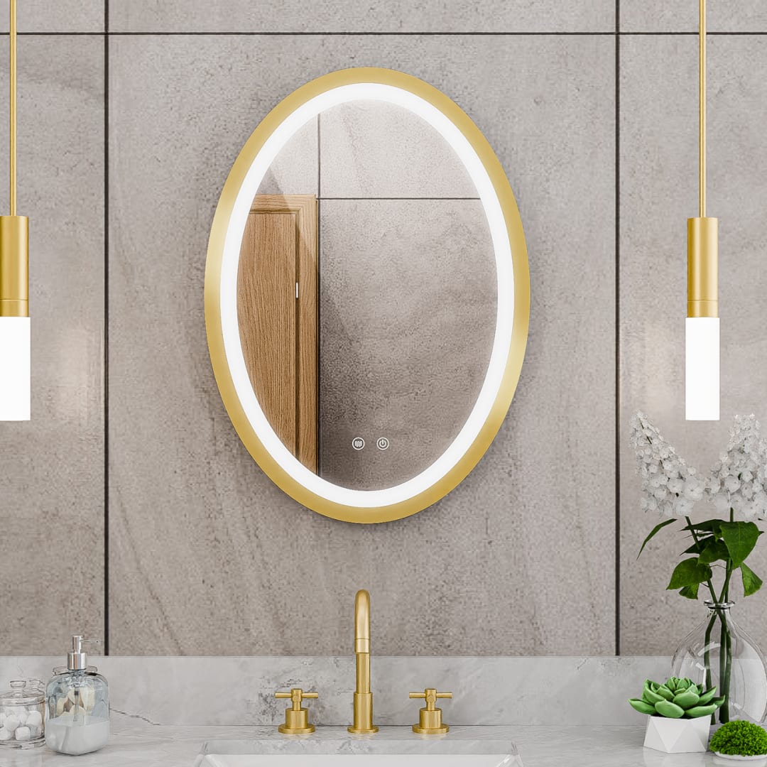 Brilliance 28 inch H x 20 inch W Oval Light-up Mirror, Brushed Brass