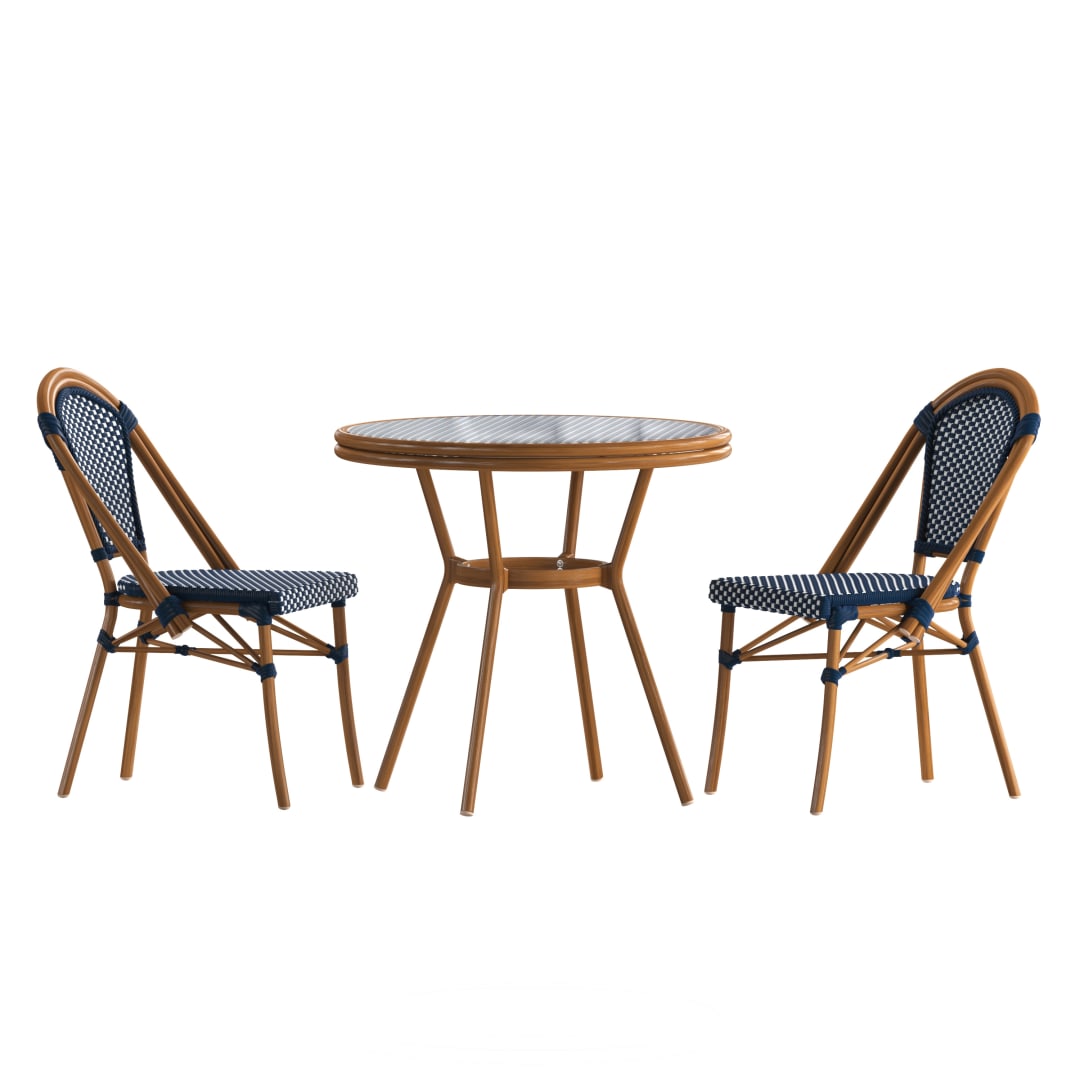 Bordeaux Indoor/Outdoor Commercial Bistro 31.5" Table, Navy and White PE Rattan, Glass Top with 2 Stack Chairs - Natural Frame