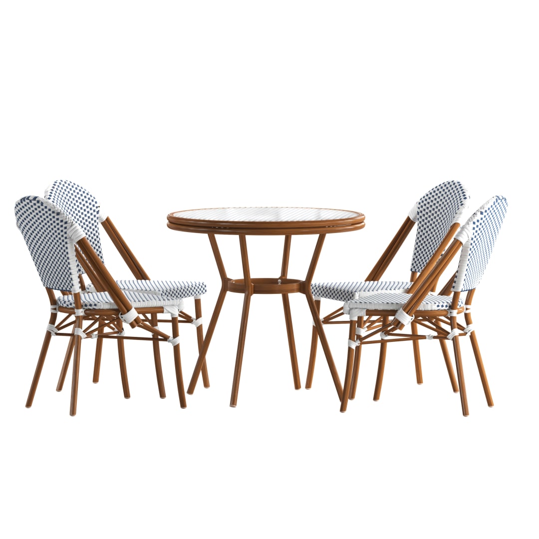 Lourdes Indoor/Outdoor Commercial Bistro 31.5" Table, White and Navy PE Rattan, Glass Top with 4 Stack Chairs - Natural Frame