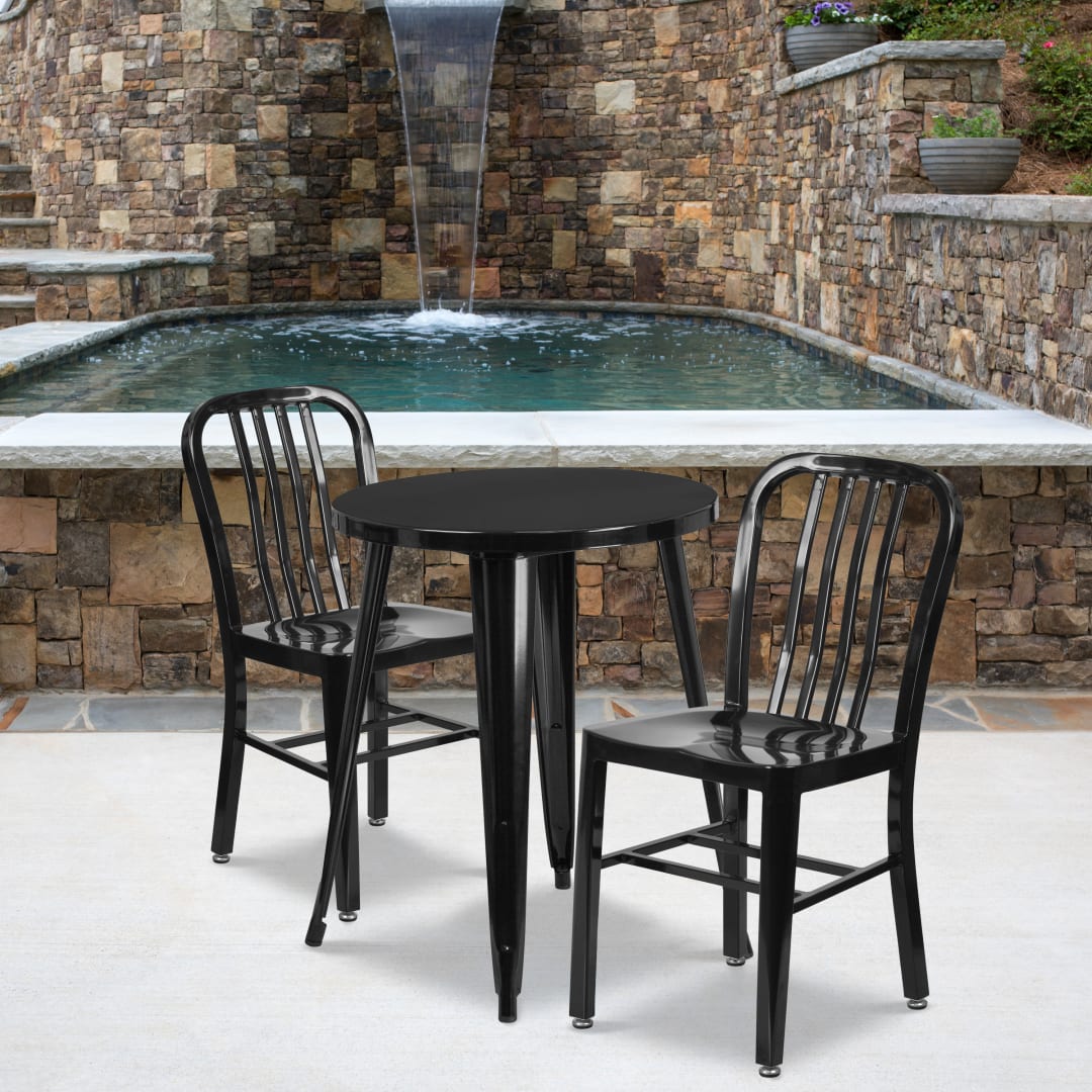 Napoleon Commercial Grade 24" Round Black Metal Indoor-Outdoor Table Set with 2 Vertical Slat Back Chairs