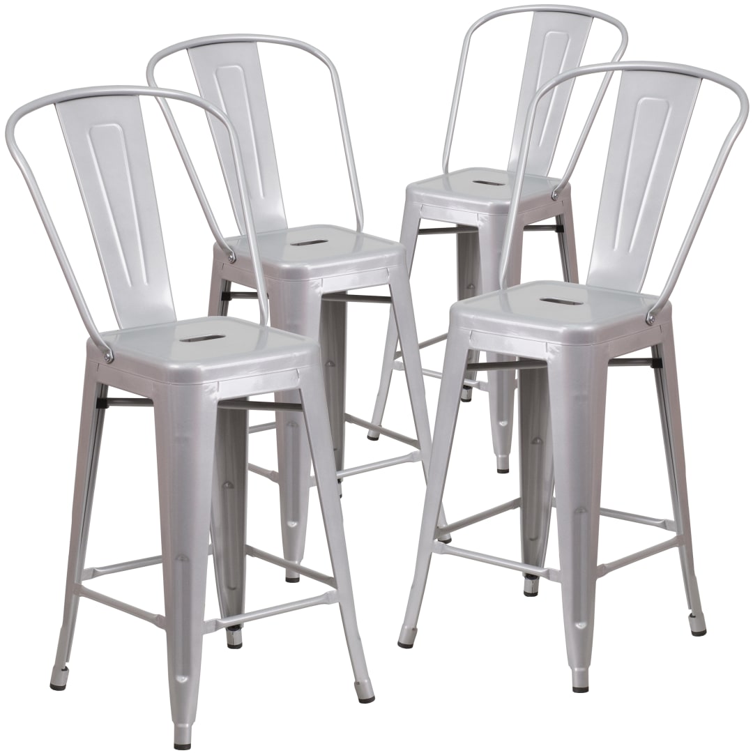 Lily Commercial Grade 4 Pack 24" High Silver Metal Indoor-Outdoor Counter Height Stool with Removable Back