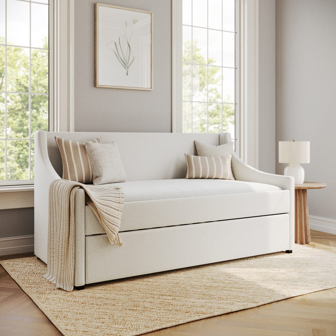Simone Twin Upholstered Platform Daybed with Pull Out Trundle, Cushioned Headboard, Footboard, Side Rails, Trundle, No Box Spring Required, Off-White