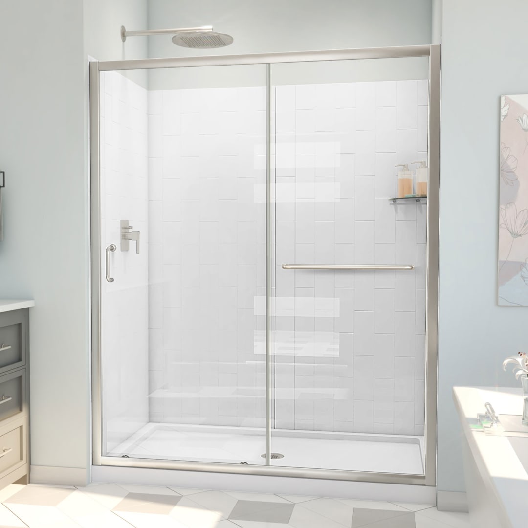 DreamLine Infinity-Z 34 inch D x 60 inch W x 78 3/4 inch H Semi-Frameless Sliding Shower Door in Brushed Nickel and Clear Glass, Center Drain Shower Base, and Wall Kit in White