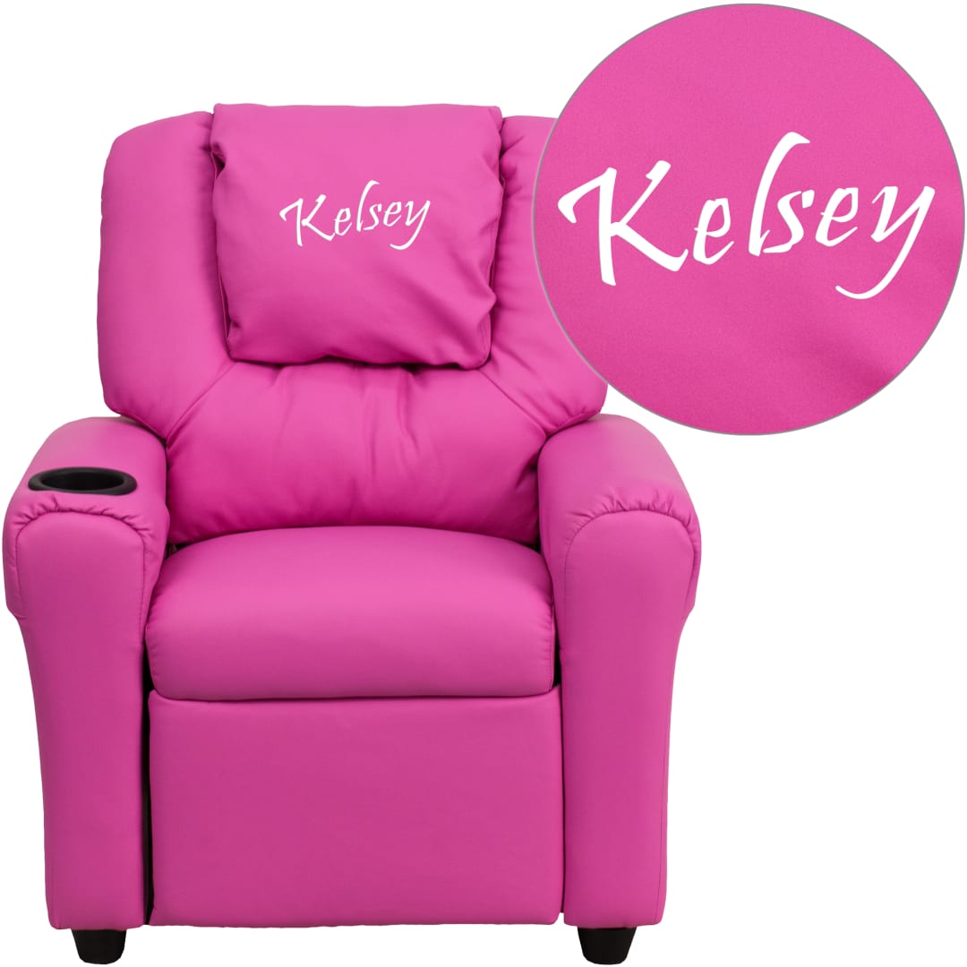 Personalized Hot Pink Vinyl Kids Recliner with Cup Holder and Headrest