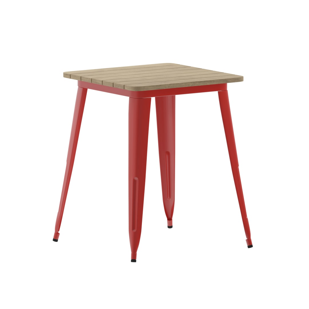 Declan Commercial Grade Indoor/Outdoor Dining Table, 23.75" Square All Weather Brown Poly Resin Top with Red Steel Base