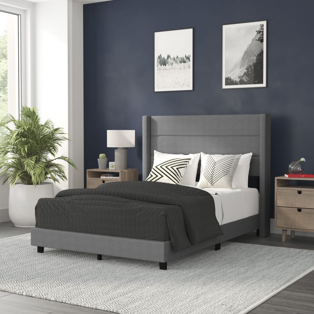 Hollis Full Upholstered Platform Bed with Wingback Headboard, Mattress Foundation with Slatted Supports, No Box Spring Needed, Gray Faux Linen